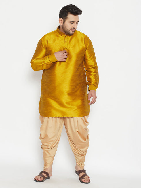 Vastramay Men's Plus Size Mustard Silk Blend Curved Kurta Dhoti Set